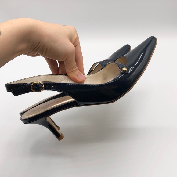 Lily Pulitzer Navy Patent Leather Pointed Toe Sling Back Kitten Heel Size 6.5 - Picture 5 of 8